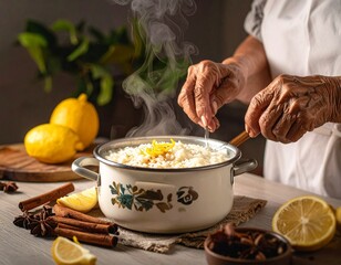 Grandmother’s Hands Preparing Traditional Arroz con Leche