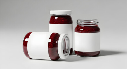 Delicious homemade jam in glass jars with blank labels for branding mockups, perfect for food bloggers, artisans, and small business product promotions
