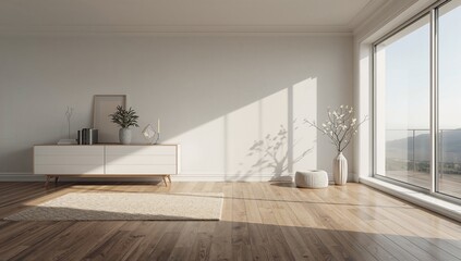 Simple white room featuring a dresser, wooden flooring, wall decorations, and a window view. Scandinavian style interior.