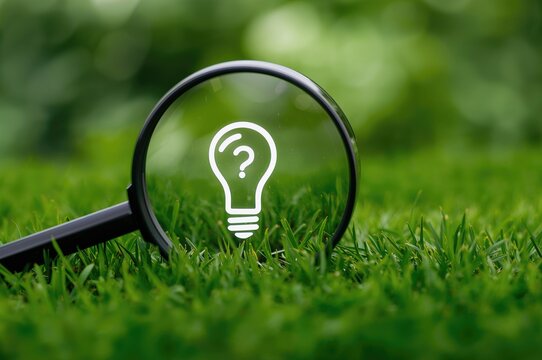 Magnifying glass highlighting a light bulb icon and a question mark on grass in a garden with a lush green backdrop representing decision making and problem solving.