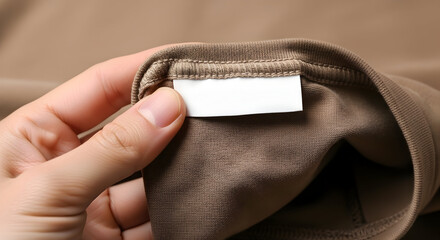 Here's a blank clothing label ready for your brand, held gently in hand, perfect for fashion mockups, apparel design, and product branding showcases