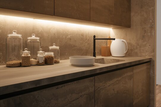Contemporary compact kitchen featuring glass containers on a stone surface
