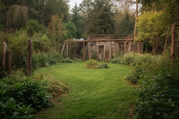 Overgrown garden scene featuring rotting timber, ferns, and evergreen trees