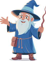 Cartoon wizard character illustration, old magician with staff, fantasy sorcerer artwork, magical bearded man in robe, fairy tale drawing