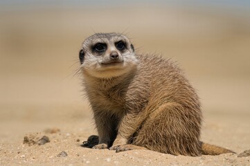 A small mongoose perched on sandy ground surveying its surroundings