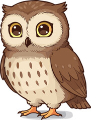 Cute cartoon owl illustration, brown forest bird with big eyes, adorable animal character art, nocturnal wildlife design, children’s nature drawing