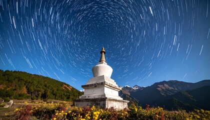 Stupa Under Star Trails in Mountain Landscape at Night