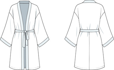 Kimono robe, bathrobe design, loungewear fashion, spa wear with belt, comfortable sleepwear illustration, women&rsquo;s dressing gown front and back view