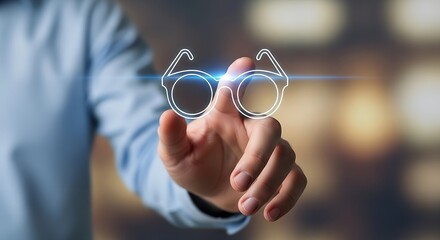 Hand touching a glasses icon with a blue light effect on a blurred background in a close up shot