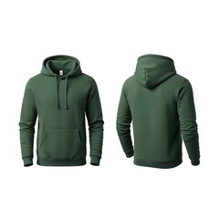 Front and back view of a green hooded sweatshirt isolated on transparent background