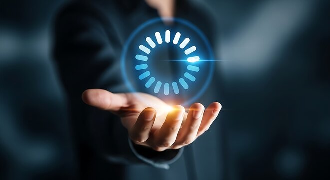 Person holding a glowing loading circle above their hand in a dark setting with suit jacket on