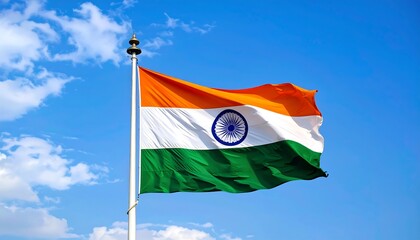 A vibrant tri-color flag with a blue wheel waves atop a pole against a bright blue, partly cloudy sky