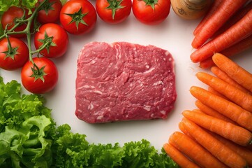 Vegetables and meat displayed on a white backdrop