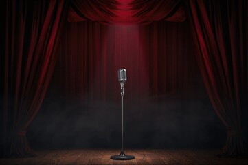 Empty stage with a microphone standing before a vibrant red curtain and lingering smoke after the show