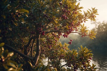 A compact shrub by the river producing cherry-colored purple fruit called Myrciaria dubia