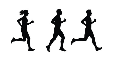 Three people running with arms bent a dynamic black silhouette