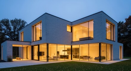 Modern Architectural Gem With Expansive Glass Facades and Warm Interior Lighting