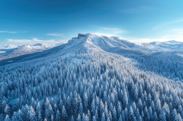 Aerial view of a winter wonderland with frosty trees and hills