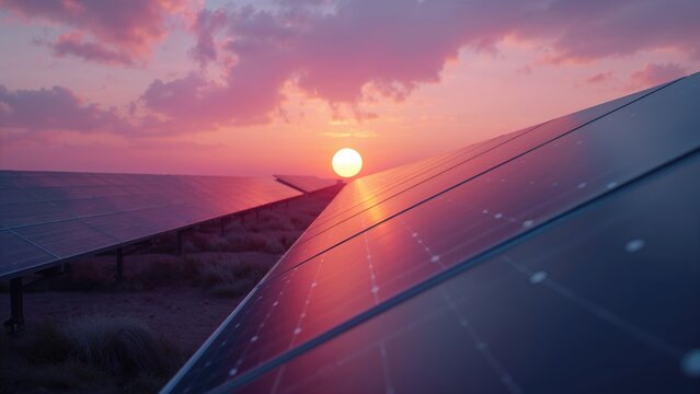 Sunset sky illuminating solar energy panels