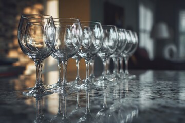Row of crystal-clear wine glasses perfectly aligned on a polished granite surface with soft indoor lighting and blurred background