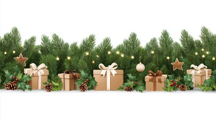 A festive Christmas scene featuring evergreen branches adorned with twinkling lights and artfully wrapped presents evokes the warmth and joy of the holiday season.