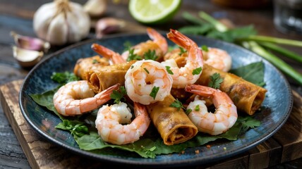 Toasted, rolled pancakes with garlic and shrimp to garnish. The dish is laid on a fresh lettuce leaf and sprinkled with chopped herbs.