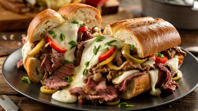 A loaf of crusty bread cut in half with cheese filling. Inside, you can see layers of sliced beef, onions and bell peppers, as well as a mixture of processed mozzarella and provolone cheeses.