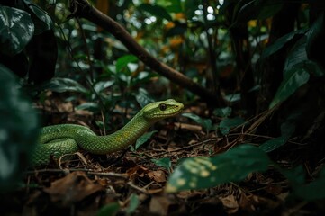 Wild green pit viper snake in its natural habitat