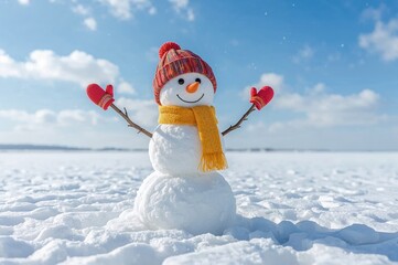 Cheerful snowman wearing a knit hat and bright yellow scarf raising its arms in a snowy landscape