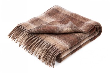 Cozy woolen plaid with fringed edges laid out on a white surface