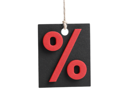 Red percentage symbol on a black tag, hanging by a string.