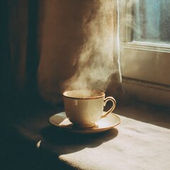 Vintage porcelain teacup with rising steam placed on a saucer near a window in warm morning light
