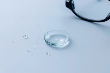 Soft contact lenses on a white surface with water drops. Close-up of a lens.