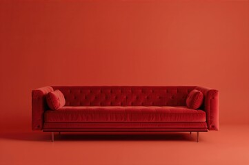 Red cushioned lengthy sofa isolated against an orange backdrop