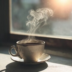 Ceramic teacup with delicate steam rising in sunlight by a window creating a cozy and peaceful morning mood