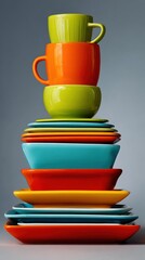 Stack of glossy colorful cups and plates arranged in a tall tower against a neutral background with bold pop art vibe
