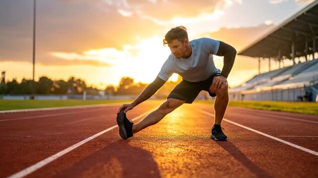 Athlete stretches on track at sunset with warming up for a run at the stadium.