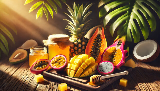 Colorful tropical fruits and honey in a jar - Powered by Adobe