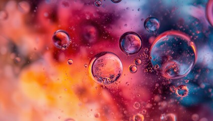 Close-up of paint and oil droplets suspended in water against a vivid background
