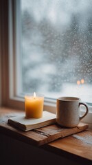 Cozy winter morning scene with a warm candle and steaming coffee mug resting on an open book by a frost-covered window, creating a serene and contemplative atmosphere