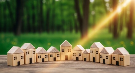 Tiny wooden houses arranged in a row create a charming village scene bathed in warm sunlight filtering through lush green trees