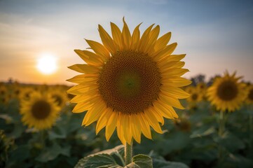 Fototapeta premium Close-up of blooming sunflowers in an outdoor field under the sky