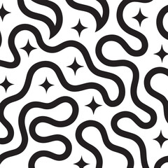 Abstract black and white seamless pattern with flowing wavy lines and scattered star shapes creating a dynamic and modern graphic design