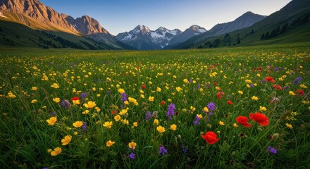 Fototapeta premium A vibrant meadow bursting with wildflowers, a tapestry of yellows, reds, and purples, sits beneath towering snow-capped mountains, bathed in the soft morning light.