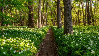 Walking Path Through Forest with Wildflowers in Spring