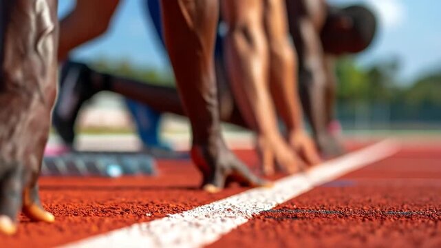 Athletes on starting blocks with ready to sprint, track and field, and focus on hands.