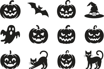 Halloween Black Silhouette Icons – Pumpkins, Ghost, Bat, Witch Hat, Cat Vector Illustration Isolate on White Background 