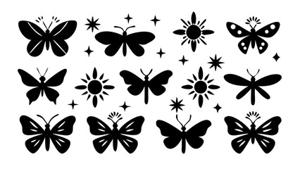 Charming collection of black butterfly and sun silhouettes, perfect for whimsical designs