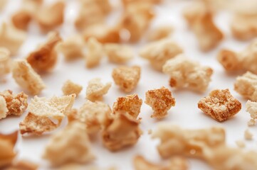 Close-up of desiccated bread particles on a white background