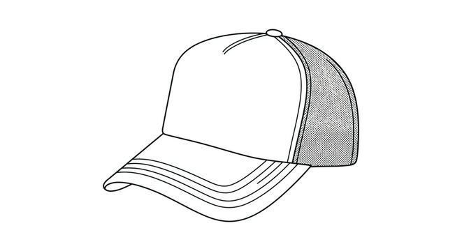 Simple line drawing of a classic trucker hat with mesh back